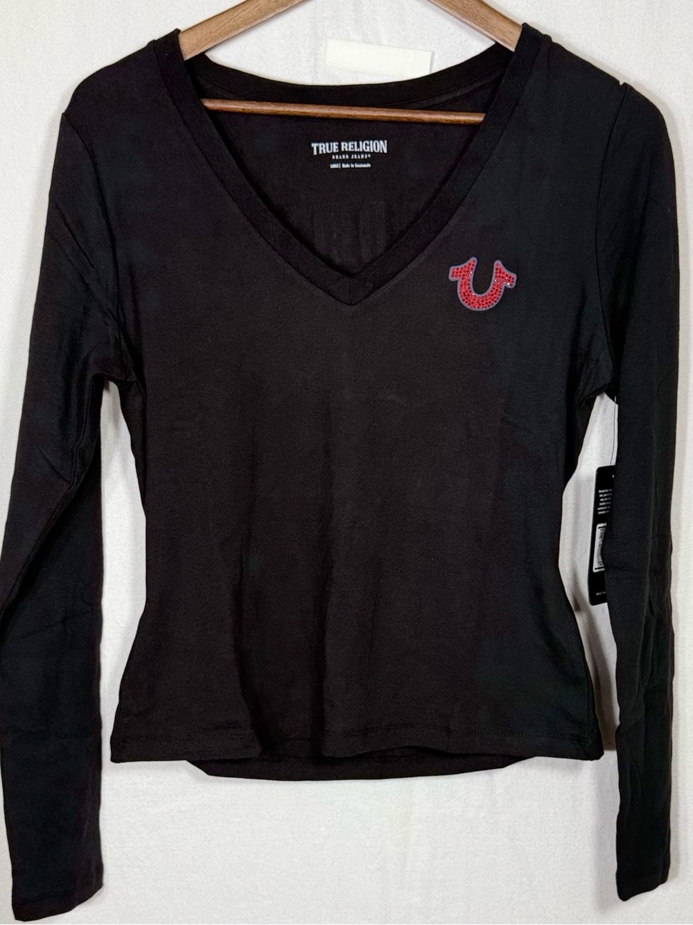 True Religion Black Long Sleeve V-Neck Top with Red Logo Accent
